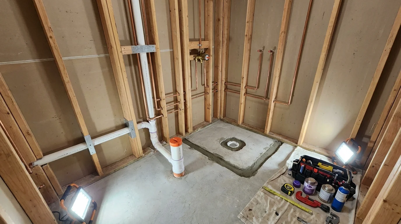 Bathroom rough-in plumbing during remodel by Johns Plumbing LLC in Wister