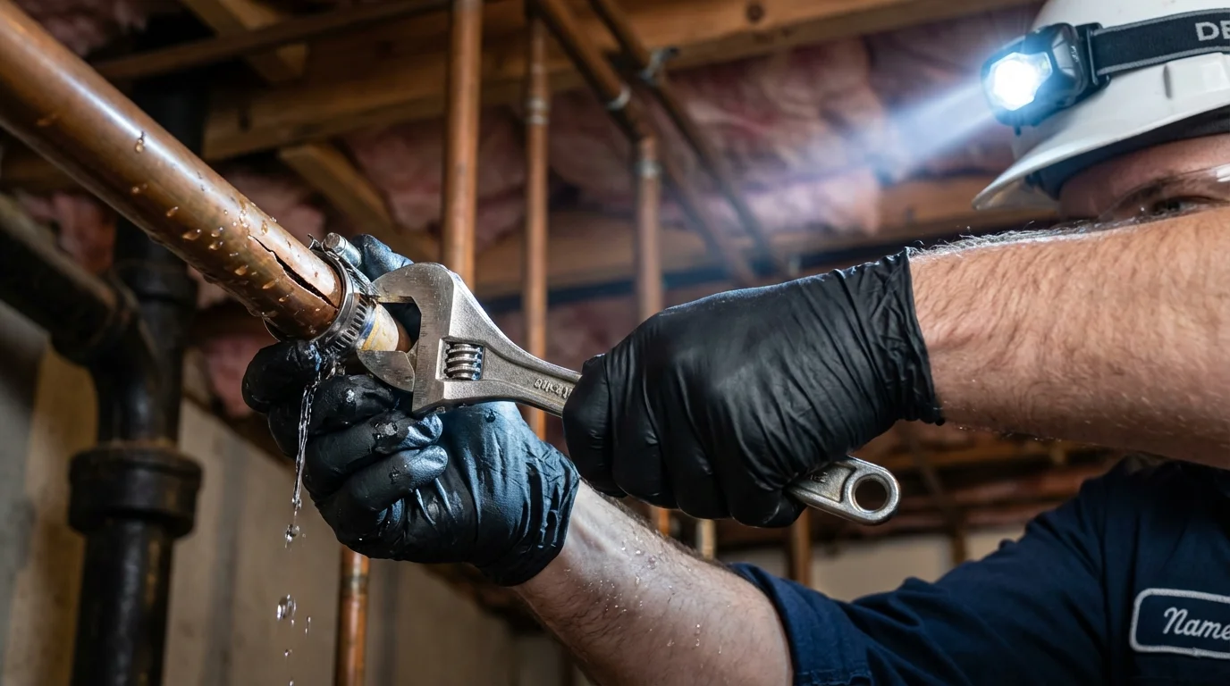 Emergency pipe clamp repair being performed by a Johns Plumbing LLC plumber in Wister