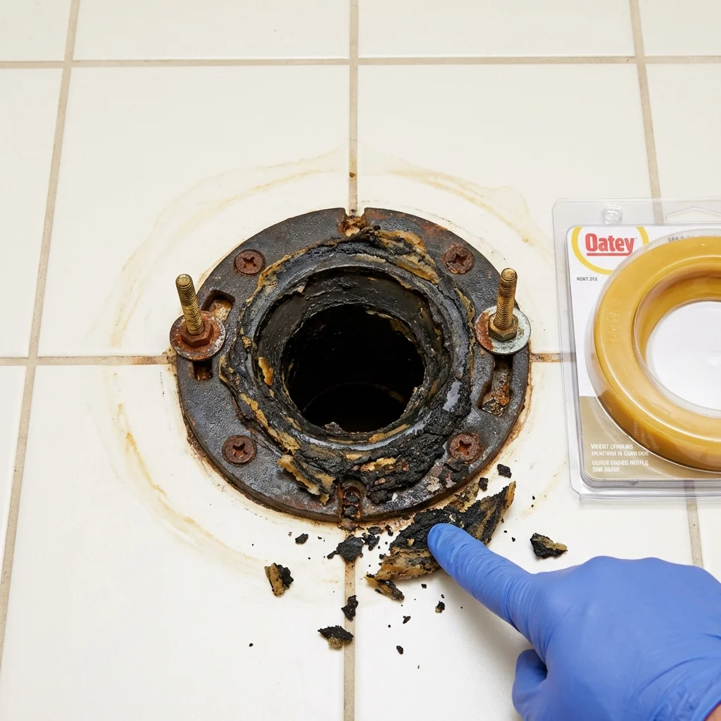 Failed wax ring showing water seepage at the base of a toilet in a Wister, OK home