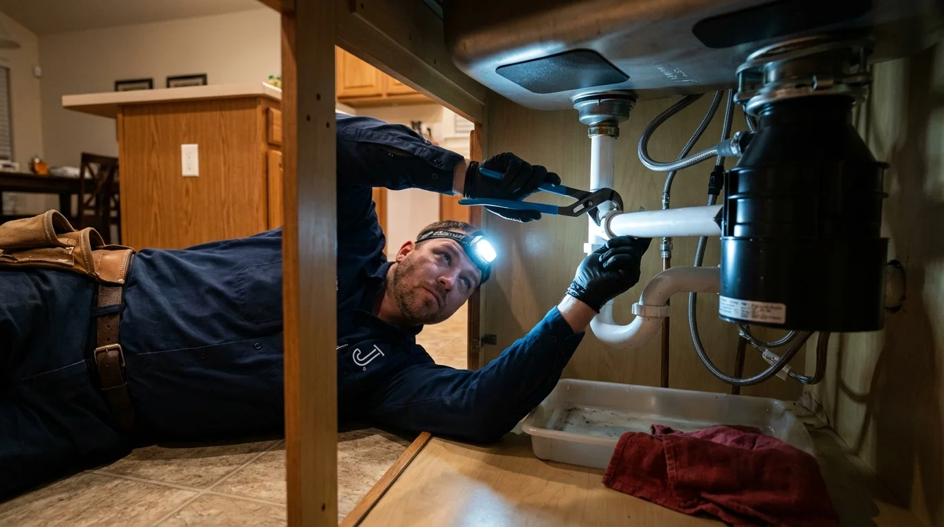 P-trap and supply line connections under a kitchen sink showing a common leak point in Wister, OK